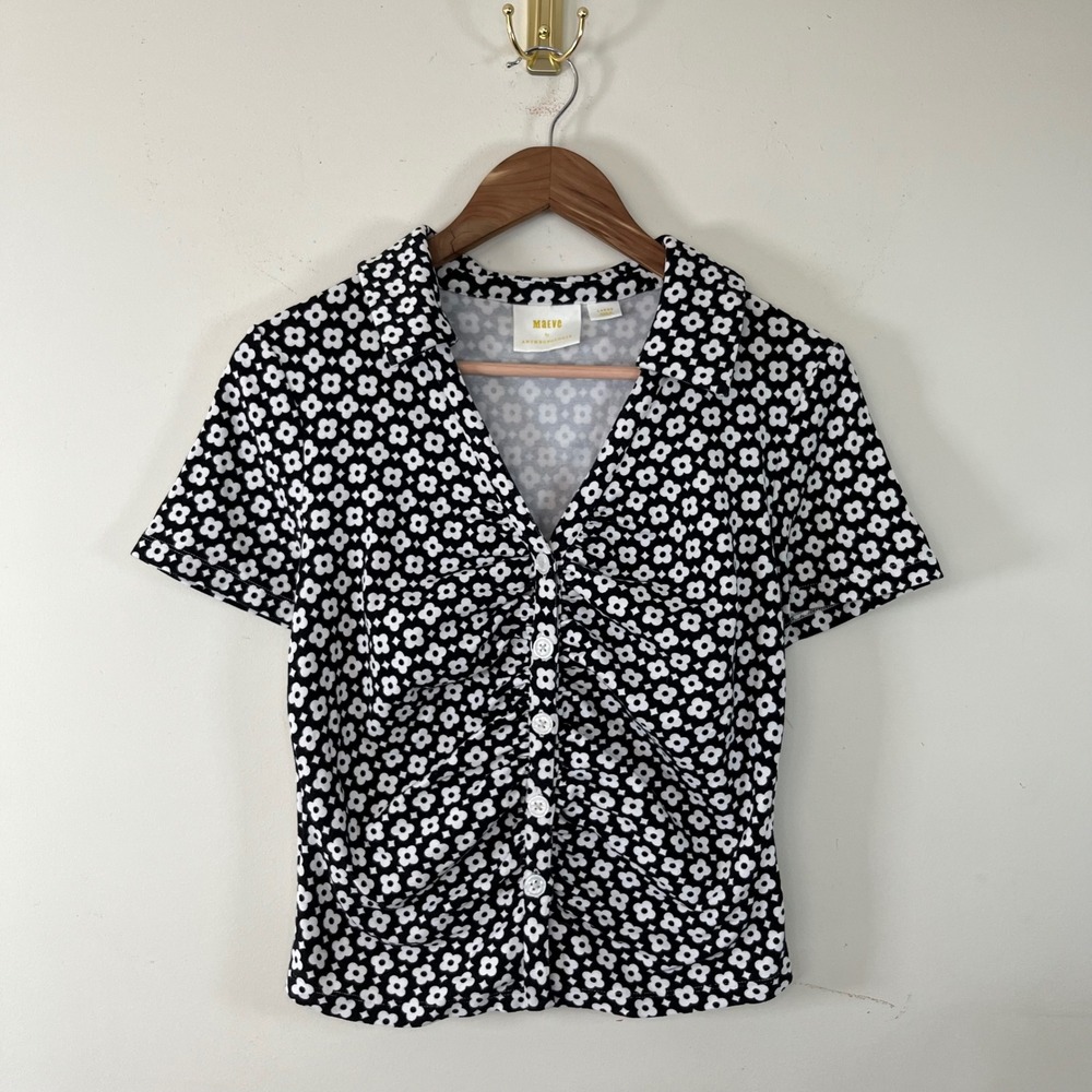 Maeve Anthropologie Floral Button Up Collared Top Black White Retro Womens Large